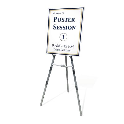 22 by 28-inch foam board Poster Session sign on a chrome floor easel stand