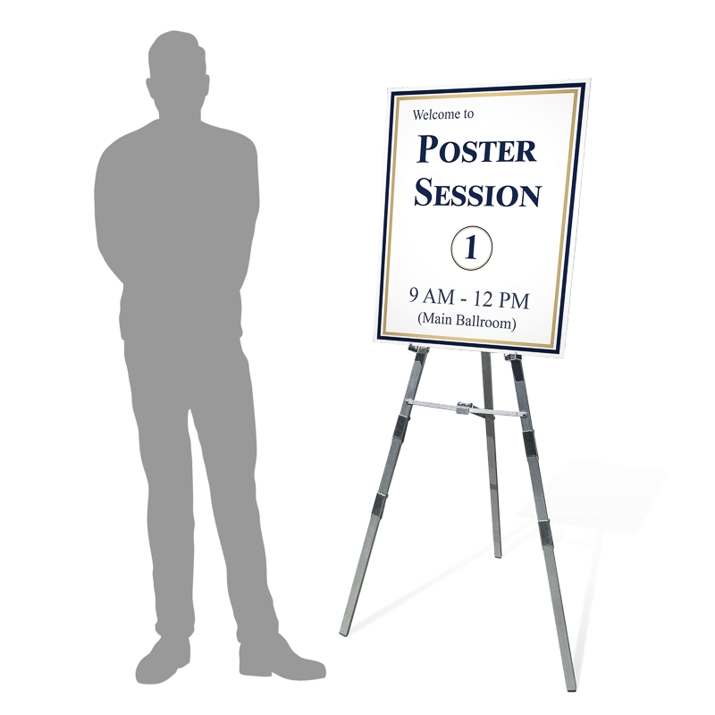 22 by 28-inch foam board sign on a floor easel stand with person silhouette for scale