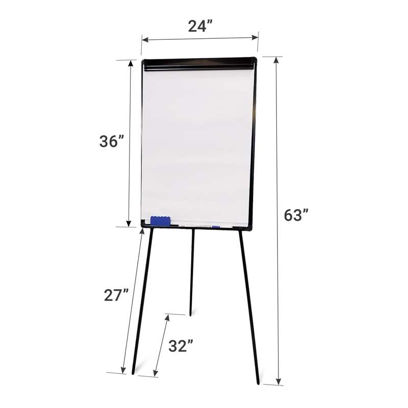 24 by 36-inch self-standing dry-erase whiteboard and flip chart with dimensions