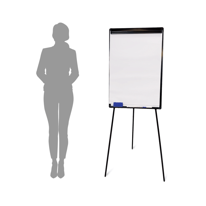 24 by 36-inch self-standing dry-erase whiteboard and flip chart with person silhouette for scale