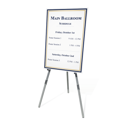 24 by 36-inch foam board Main Ballroom Schedule sign on a chrome floor easel stand