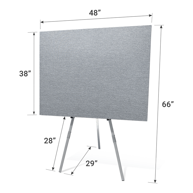 38 by 48-inch poster board lined with gray Velcro receptive fabric on a floor easel stand with dimensions