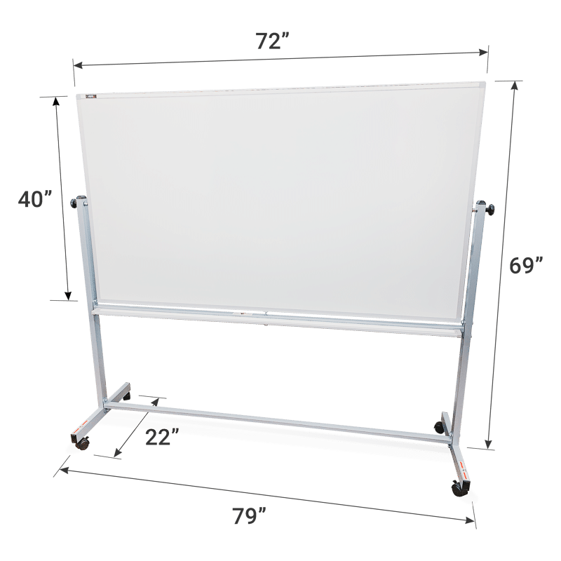 40 by 72-inch magnetic reversible dry-erase whiteboard on wheels with dimensions