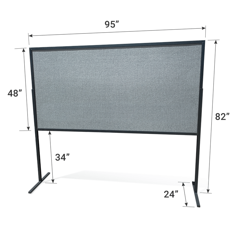 4 by 8-foot self-standing two-sided poster board with a black frame and gray velcro receptive fabric with dimensions