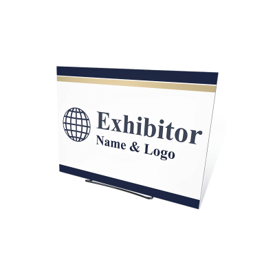 9 by 12-inch foam board Exhibitor Name and Logo sign on a black wire table-top easel