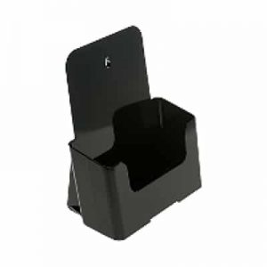 Black plastic brochure holder that can be attached to poster boards
